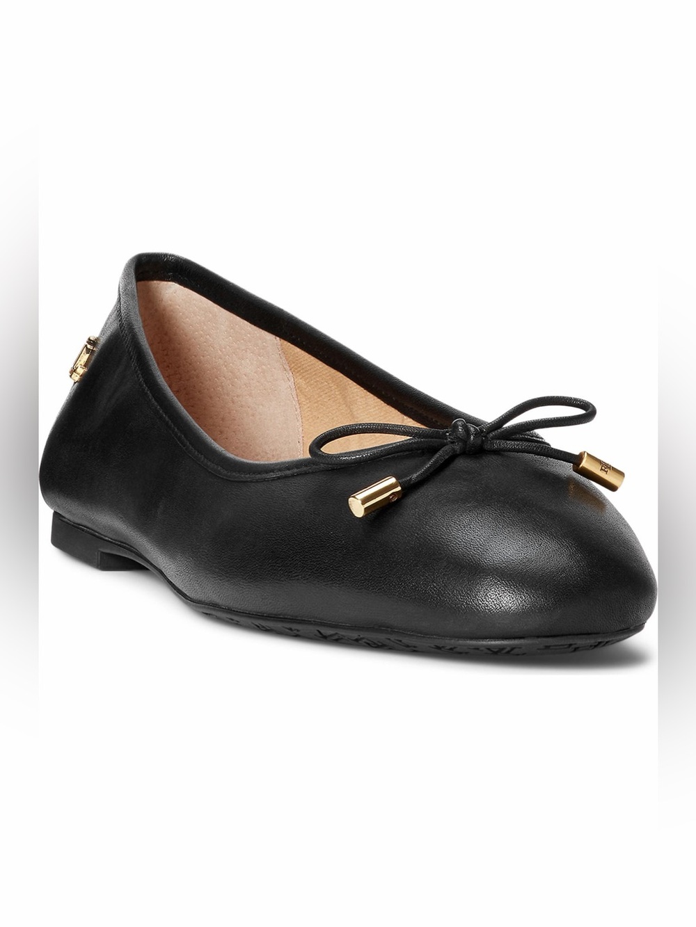 Lauren Ralph Lauren Jayna Black Leather Ballet Flats Gold Bow Size 11 $125